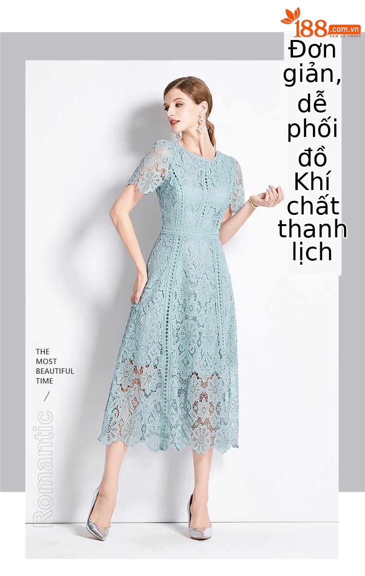 Váy ren tay lá sen cổ tròn dài thanh lịch thon gọn mùa hè — Màu xanh lam nhạt, Màu xanh đậu, Màu tím chi tiết 6