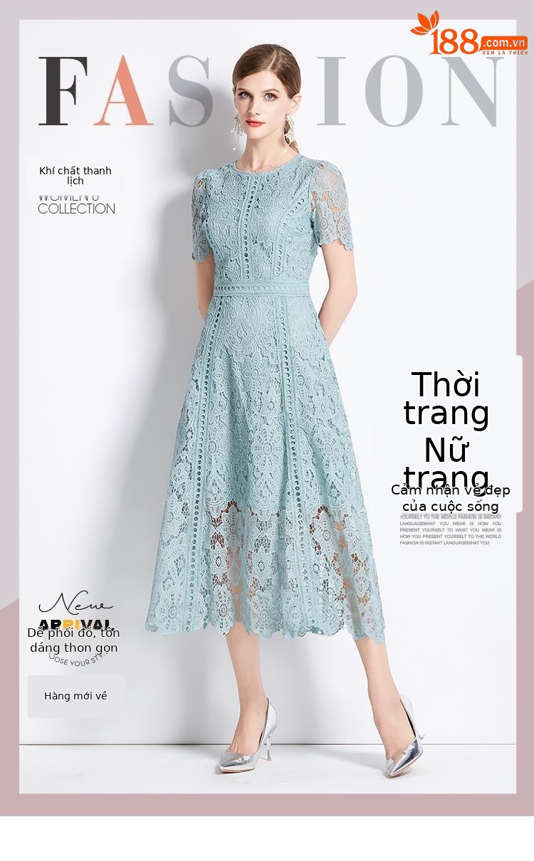 Váy ren tay lá sen cổ tròn dài thanh lịch thon gọn mùa hè — Màu xanh lam nhạt, Màu xanh đậu, Màu tím chi tiết 1