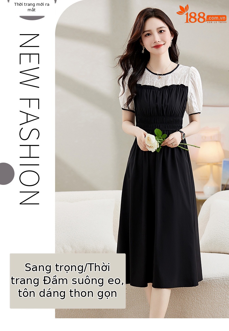 Váy chữ A tay phồng eo thon ren ghép giả hai mảnh Z8838 — Màu đen, Màu caramel chi tiết 1