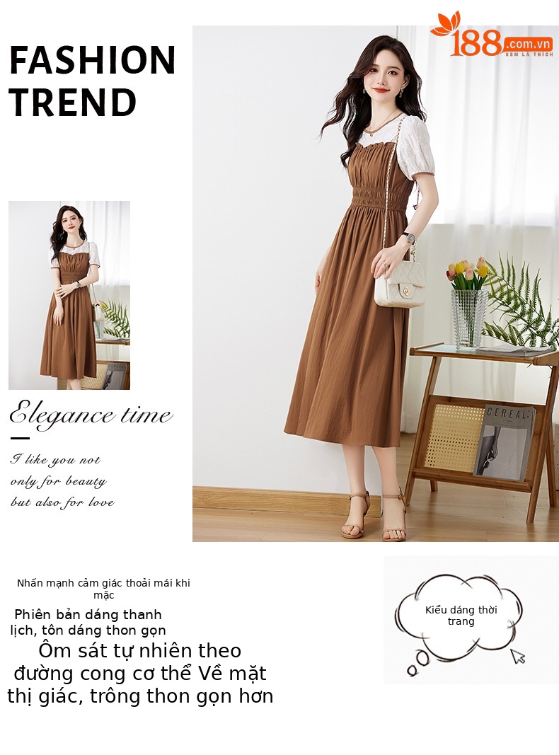 Váy chữ A tay phồng eo thon ren ghép giả hai mảnh Z8838 — Màu đen, Màu caramel chi tiết 2