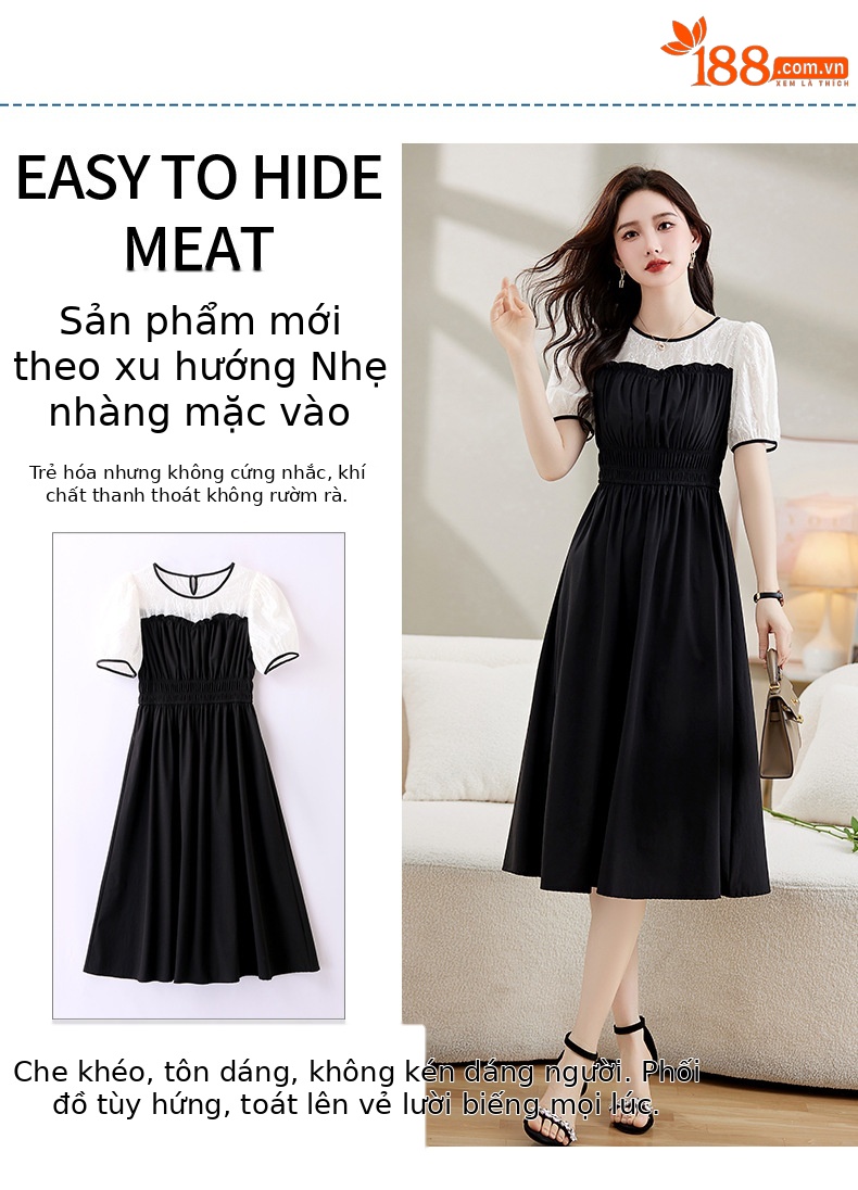 Váy chữ A tay phồng eo thon ren ghép giả hai mảnh Z8838 — Màu đen, Màu caramel chi tiết 4
