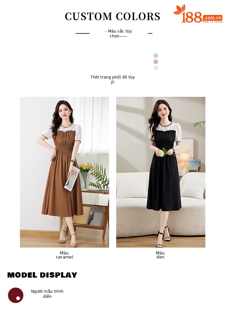 Váy chữ A tay phồng eo thon ren ghép giả hai mảnh Z8838 — Màu đen, Màu caramel chi tiết 6