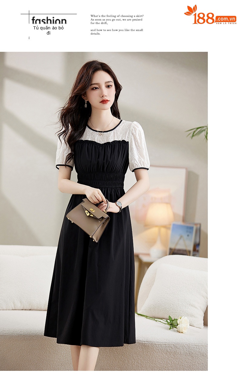 Váy chữ A tay phồng eo thon ren ghép giả hai mảnh Z8838 — Màu đen, Màu caramel chi tiết 15