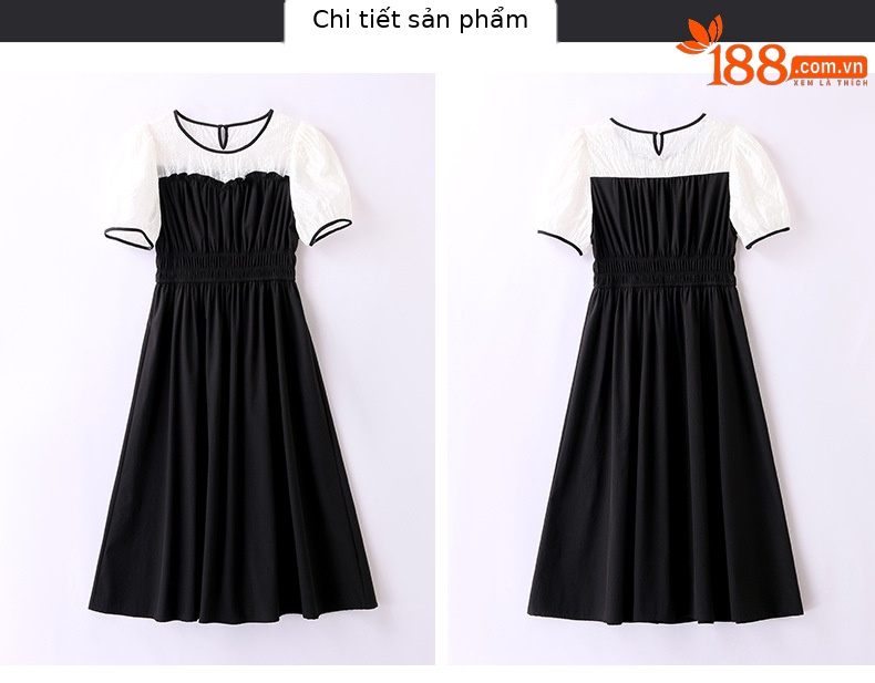 Váy chữ A tay phồng eo thon ren ghép giả hai mảnh Z8838 — Màu đen, Màu caramel chi tiết 23