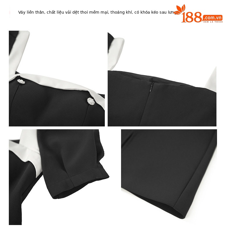 Đầm suông nữ midi cổ vuông tay ngắn, dáng chữ A, nhấn eo, phong cách Pháp — [Đen] chi tiết 1
