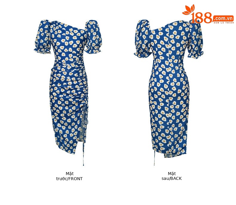 Đầm ôm body nữ thiết kế vai lệch tay bồng in hoa xếp ly phong cách Hồng Kông 2026 — [Xanh cung điện] chi tiết 3