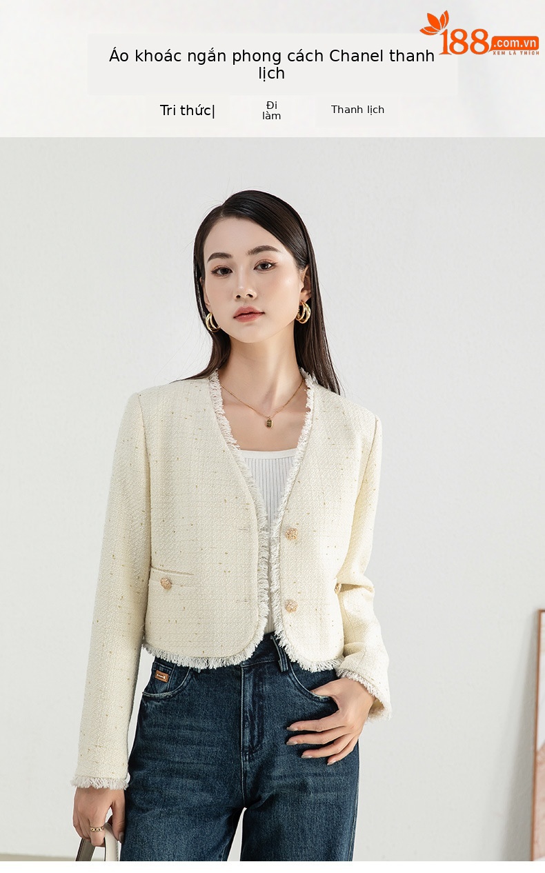 Áo khoác ngắn viền tua rua phong cách tối giản có đệm vai — Màu đen chi tiết 1