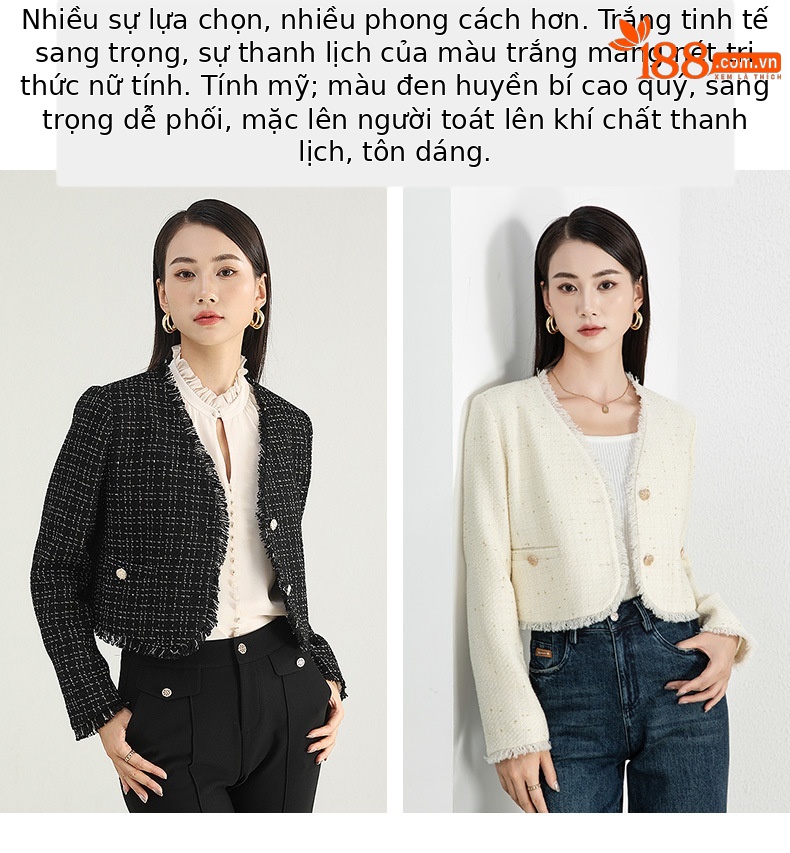 Áo khoác ngắn viền tua rua phong cách tối giản có đệm vai — Màu đen chi tiết 10