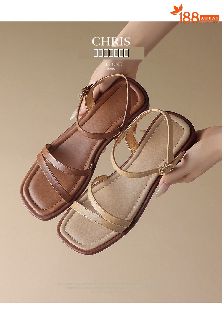 Sandal hở mũi quai ngang da bò gót thấp mũi vuông nữ kiểu mới — Màu nâu chi tiết 5