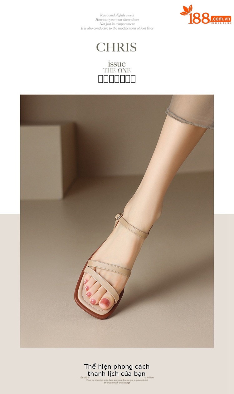 Sandal hở mũi quai ngang da bò gót thấp mũi vuông nữ kiểu mới — Màu nâu chi tiết 7