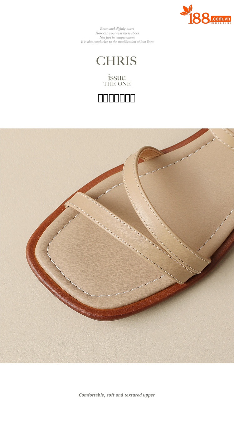 Sandal hở mũi quai ngang da bò gót thấp mũi vuông nữ kiểu mới — Màu nâu chi tiết 15