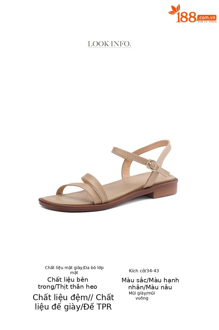 Sandal hở mũi quai ngang da bò gót thấp mũi vuông nữ kiểu mới — Màu nâu chi tiết 3