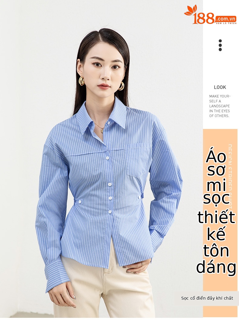 Áo sơ mi sọc thắt eo dài tay nữ phong cách thiết kế — Sọc Ngang Xanh lam chi tiết 1