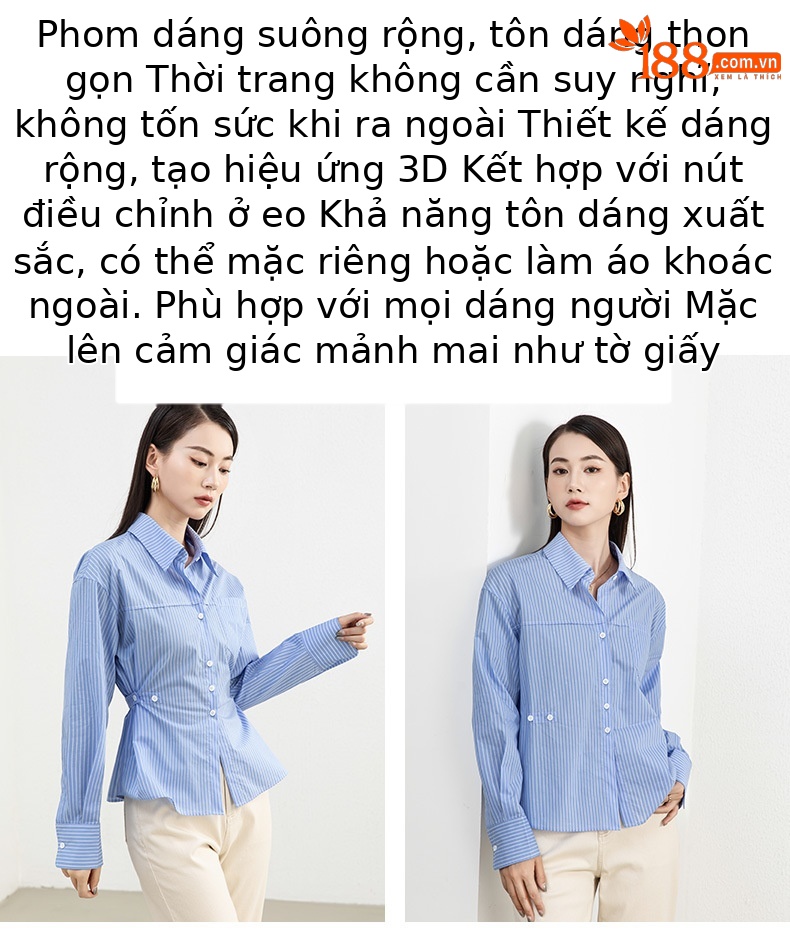 Áo sơ mi sọc thắt eo dài tay nữ phong cách thiết kế — Sọc Ngang Xanh lam chi tiết 4