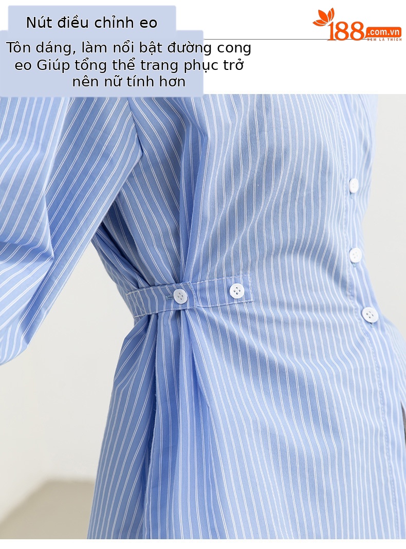 Áo sơ mi sọc thắt eo dài tay nữ phong cách thiết kế — Sọc Ngang Xanh lam chi tiết 8