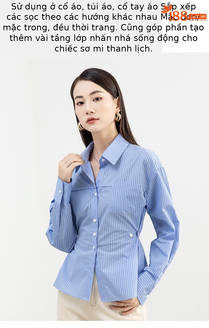 Áo sơ mi sọc thắt eo dài tay nữ phong cách thiết kế — Sọc Ngang Xanh lam chi tiết 10