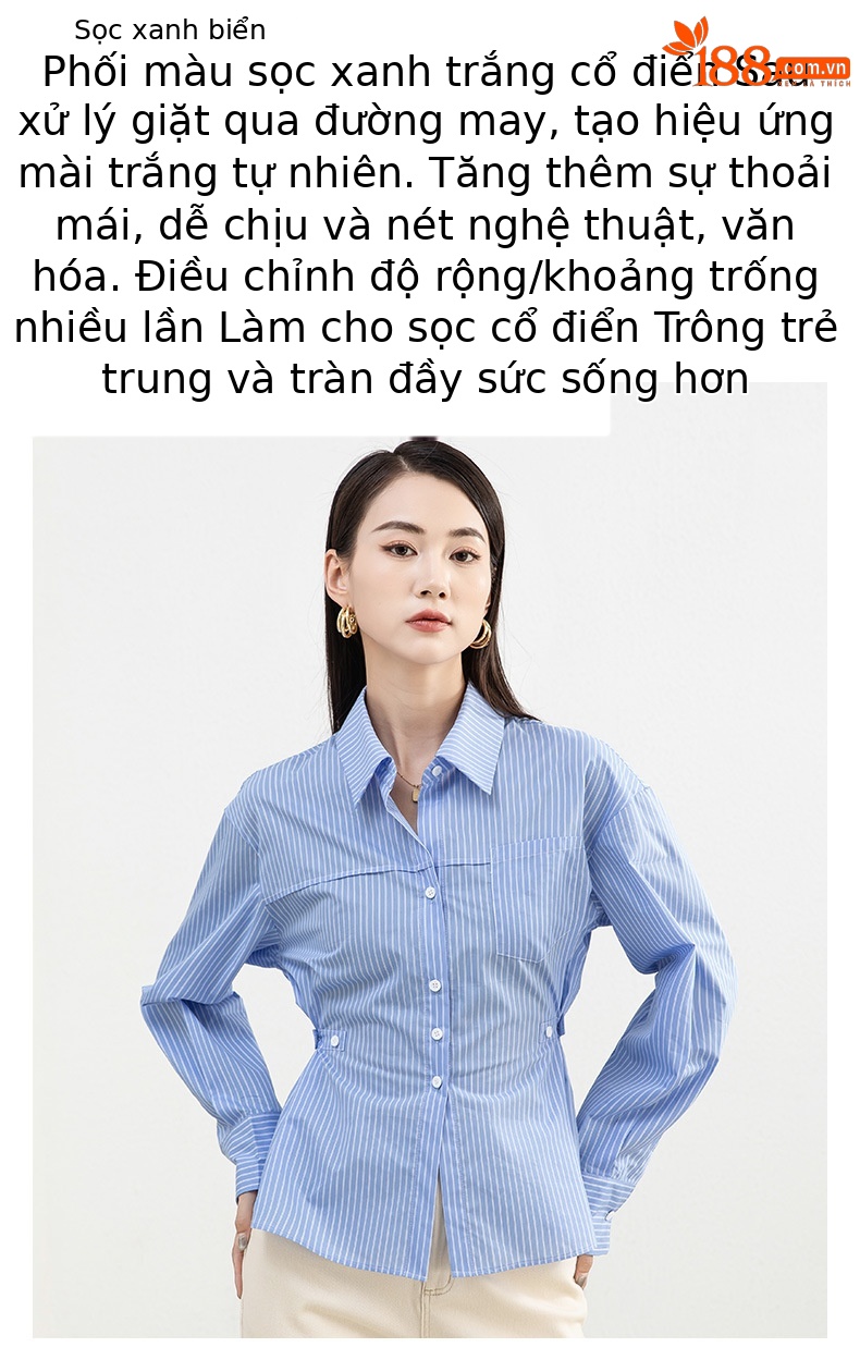 Áo sơ mi sọc thắt eo dài tay nữ phong cách thiết kế — Sọc Ngang Xanh lam chi tiết 11