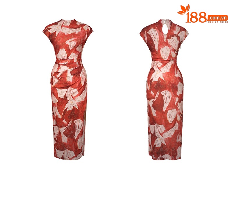 Đầm maxi nữ lưới in họa tiết retro xẻ tà dài — Đỏ cát Be chi tiết 2