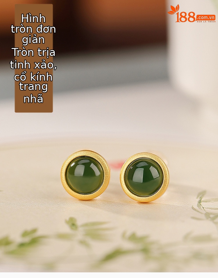 Bông tai hạt tròn ngọc bích Hetian mạ vàng bạc S925 nhỏ cá tính đơn giản — Một cặp chi tiết 1