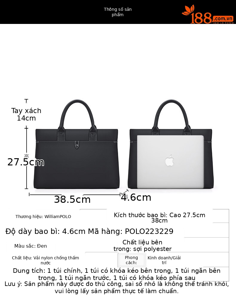 Cặp công sở nam vải Oxford chống thấm, nhiều ngăn đựng laptop 15 inch — Màu đen, màu xanh, Hồng, Màu nâu chi tiết 6