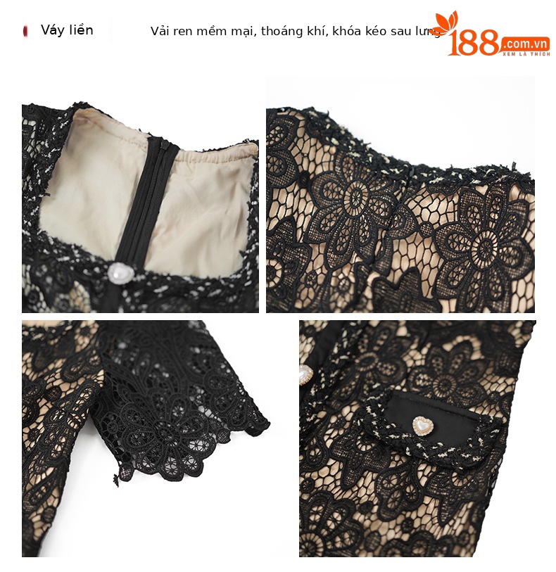 Đầm maxi nữ cổ vuông ren hòa tan phong cách Pháp — Màu đen chi tiết 2