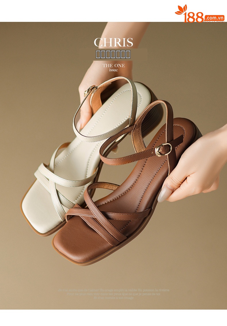 Sandal quai ngang gót vuông hở mũi da bò lớp đầu phong cách La Mã — Màu nâu chi tiết 3