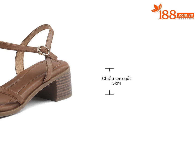 Sandal quai ngang gót vuông hở mũi da bò lớp đầu phong cách La Mã — Màu nâu chi tiết 5
