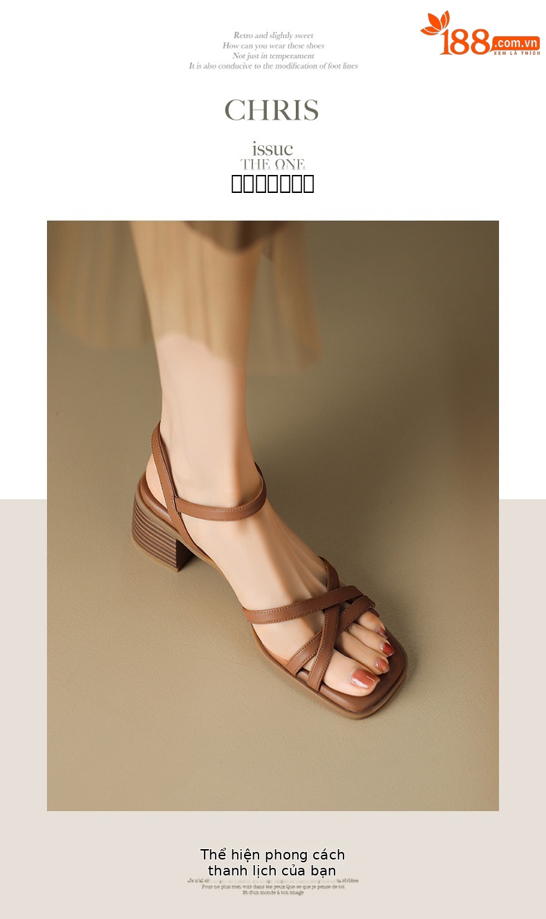 Sandal quai ngang gót vuông hở mũi da bò lớp đầu phong cách La Mã — Màu nâu chi tiết 7