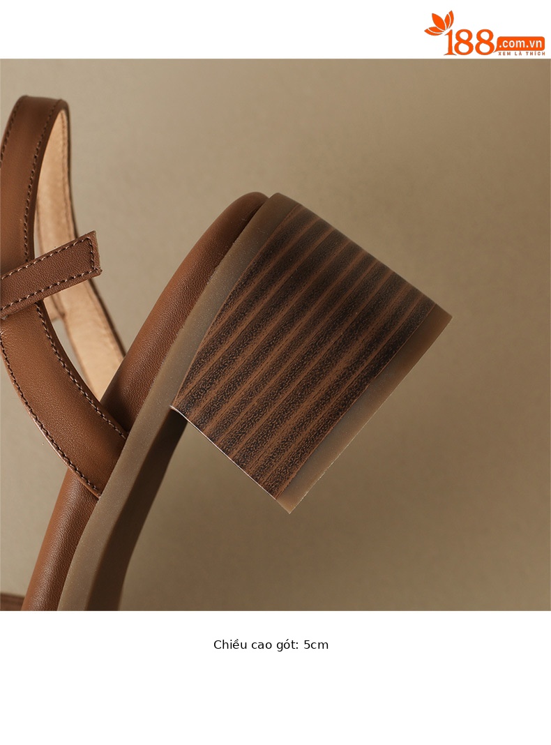 Sandal quai ngang gót vuông hở mũi da bò lớp đầu phong cách La Mã — Màu nâu chi tiết 14