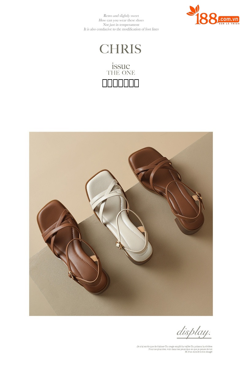 Sandal quai ngang gót vuông hở mũi da bò lớp đầu phong cách La Mã — Màu nâu chi tiết 16