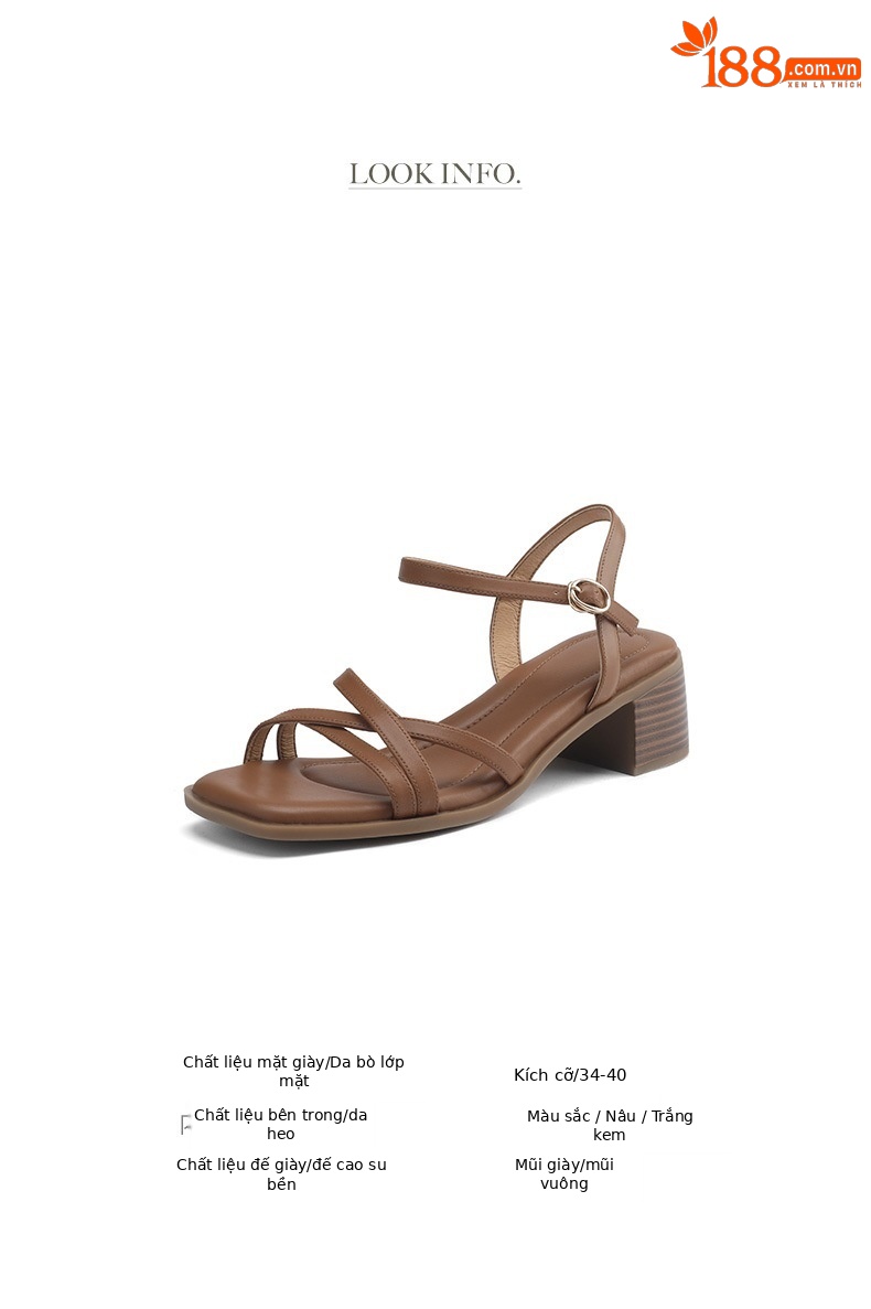 Sandal quai ngang gót vuông hở mũi da bò lớp đầu phong cách La Mã — Màu nâu chi tiết 4