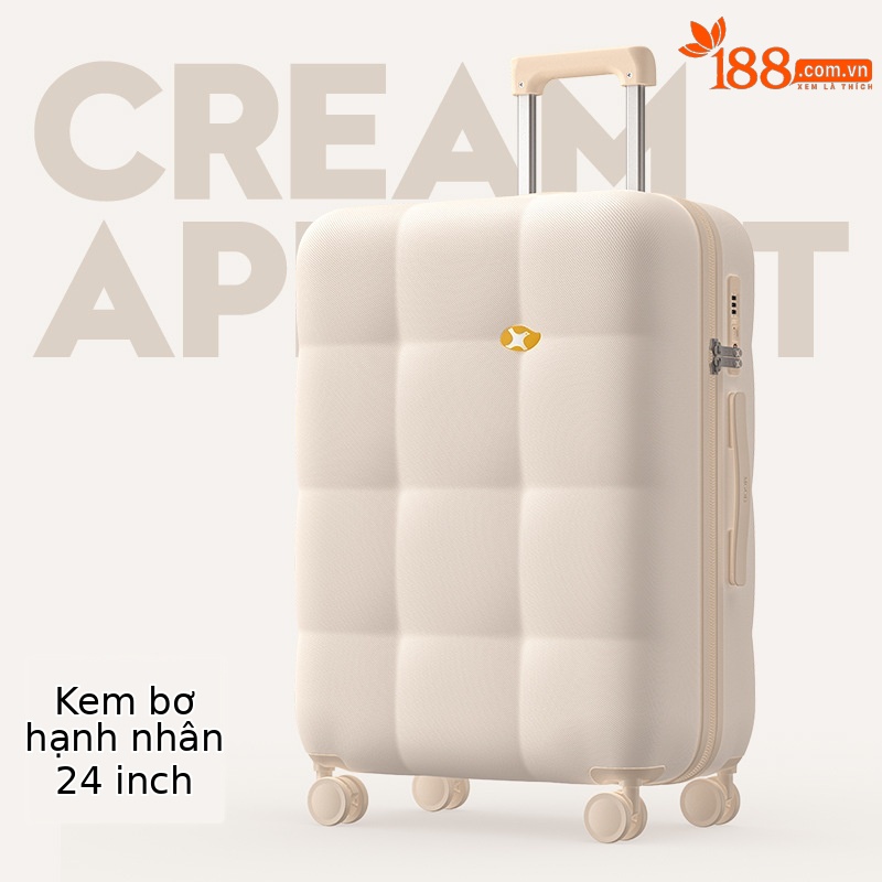 Vali nhựa PC 24 inch họa tiết mây thời trang, bánh xe đa năng, khóa mật khẩu — Hành lý PC cao cấp màu be kem 24 inch