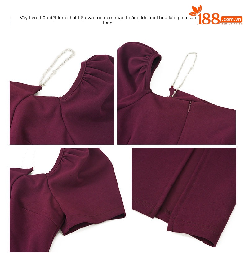 Đầm ôm body nữ cổ vuông tay bồng, dáng midi cao eo — [Đen], [Tím] chi tiết 3
