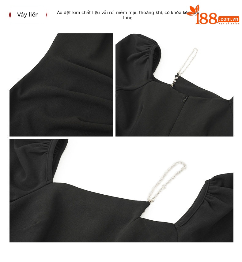 Đầm ôm body nữ cổ vuông tay bồng, dáng midi cao eo — [Đen], [Tím] chi tiết 4