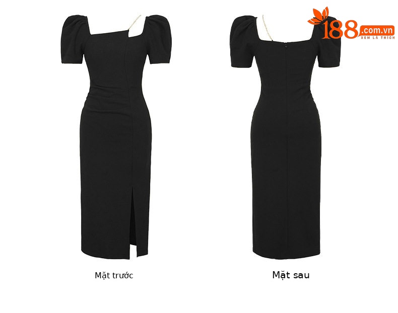Đầm ôm body nữ cổ vuông tay bồng, dáng midi cao eo — [Đen], [Tím] chi tiết 5
