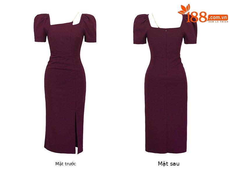 Đầm ôm body nữ cổ vuông tay bồng, dáng midi cao eo — [Đen], [Tím] chi tiết 6