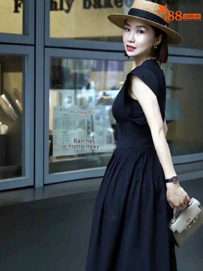 Đầm maxi nữ thắt eo phong cách Hepburn cổ điển không tay — Màu đen