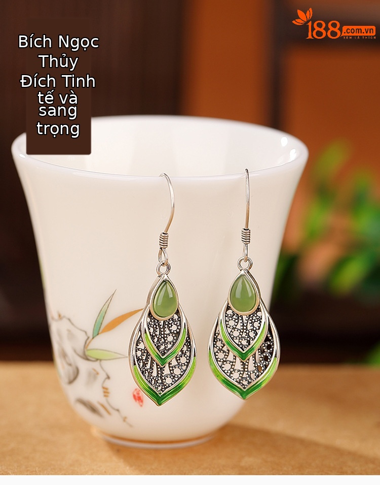 Bông tai giọt nước tráng men ngọc bích phong cách Bohemian bạc S925 — Một cặp chi tiết 1