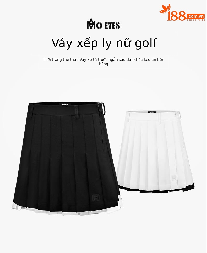 Váy golf nữ xếp ly Moyes dáng dài sau ngắn trước, có lót chống hở — M23QZ004-Đen, M23QZ004-màu trắng chi tiết 2