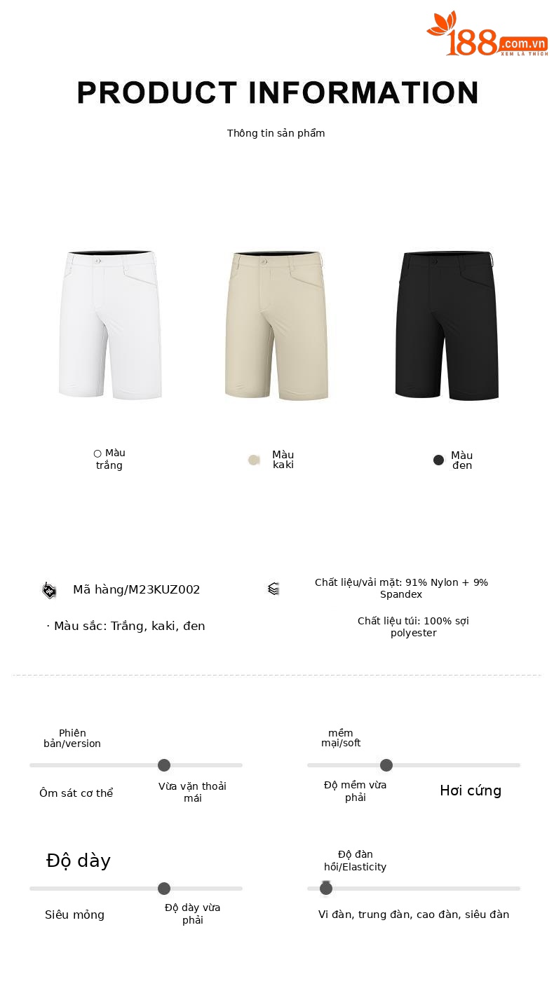 Quần short golf nam Moeyes Magic Eye co giãn mùa hè — M23KUZ002-Đen, M23KUZ002-Kaki, M23KUZ002-màu trắng chi tiết 3