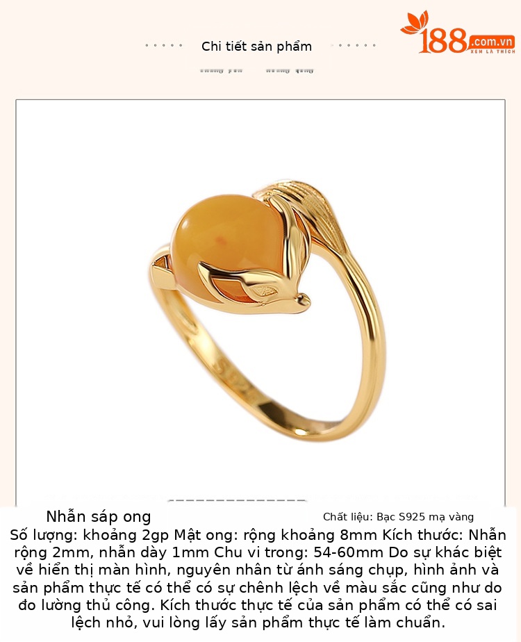Nhẫn bạc S925 mạ vàng hình cáo sáp ong phong cách thời trang — Mở một size chi tiết 3