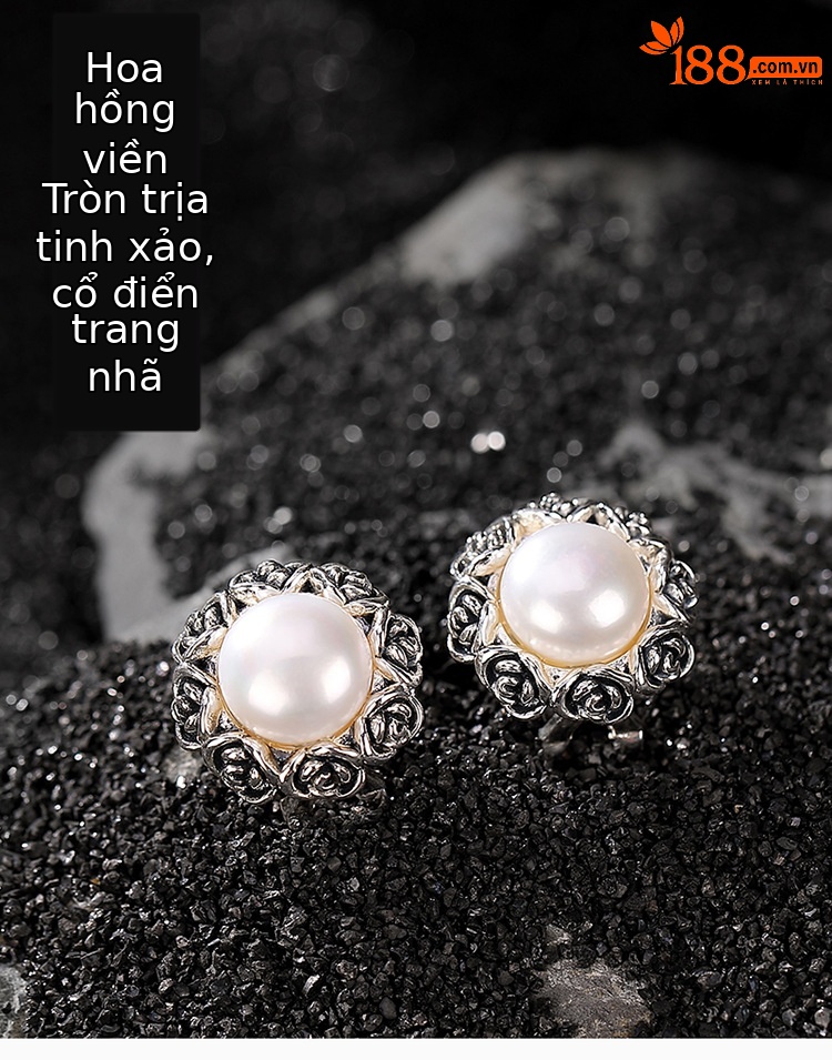 Bông tai ren hoa hồng ngọc trai bạc S925 thời trang cổ điển — Một cặp chi tiết 1