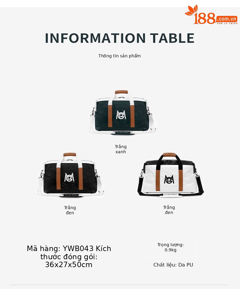 Túi tote golf PGM chống nước nhẹ, ngăn giày riêng, kích thước 50x24x29 cm — YWB043-Trắng Đen, YWB043-Trắng xanh lục, YWB043-Đen Trắng chi tiết 8