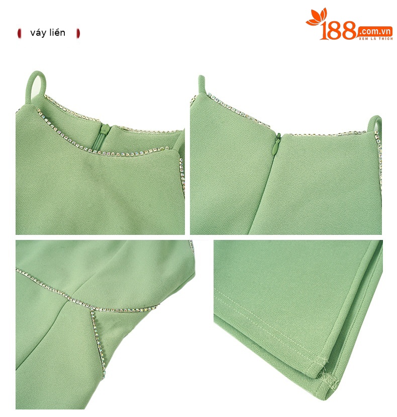 Đầm ôm sát xẻ tà đính đá pha lê cổ halter dáng dài kiểu Pháp — Màu đen chi tiết 2