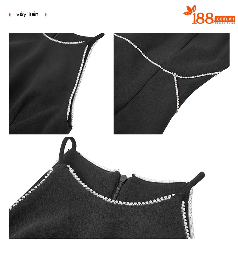 Đầm ôm sát xẻ tà đính đá pha lê cổ halter dáng dài kiểu Pháp — Màu đen chi tiết 3