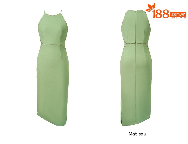 Đầm ôm sát xẻ tà đính đá pha lê cổ halter dáng dài kiểu Pháp — Màu đen chi tiết 4