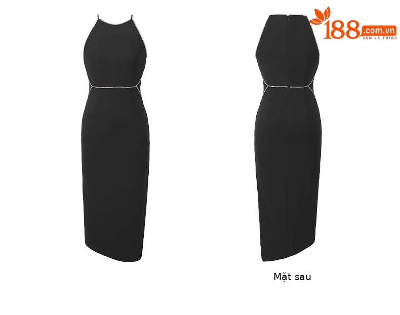 Đầm ôm sát xẻ tà đính đá pha lê cổ halter dáng dài kiểu Pháp — Màu đen chi tiết 5