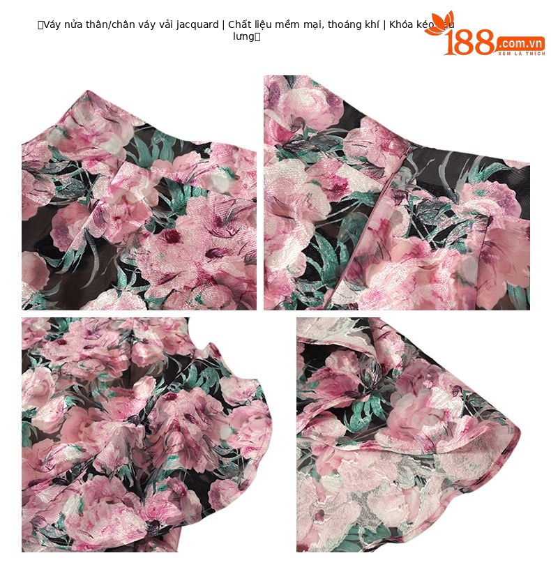 Váy maxi nữ dáng bất đối xứng in họa tiết đuôi cá, xòe hoa nhún bèo chữ A — Hoa Hồng chi tiết 1
