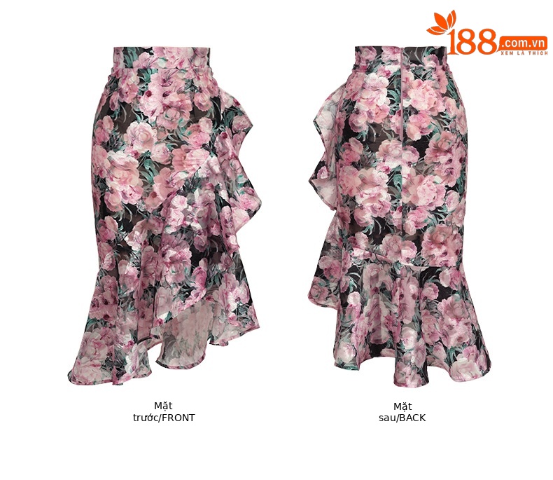 Váy maxi nữ dáng bất đối xứng in họa tiết đuôi cá, xòe hoa nhún bèo chữ A — Hoa Hồng chi tiết 2