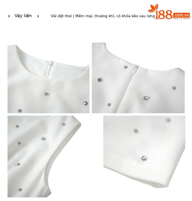 Đầm ôm body nữ cổ tròn không tay, phong cách tiểu thư đính đá, dáng chữ A — [Đen], [Trắng kem] chi tiết 3